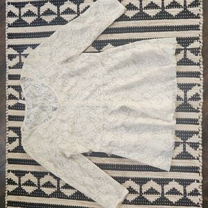 FREE PEOPLE floral lace peplum blouse S ivory+gold metallic 3/4 sleeve babydoll